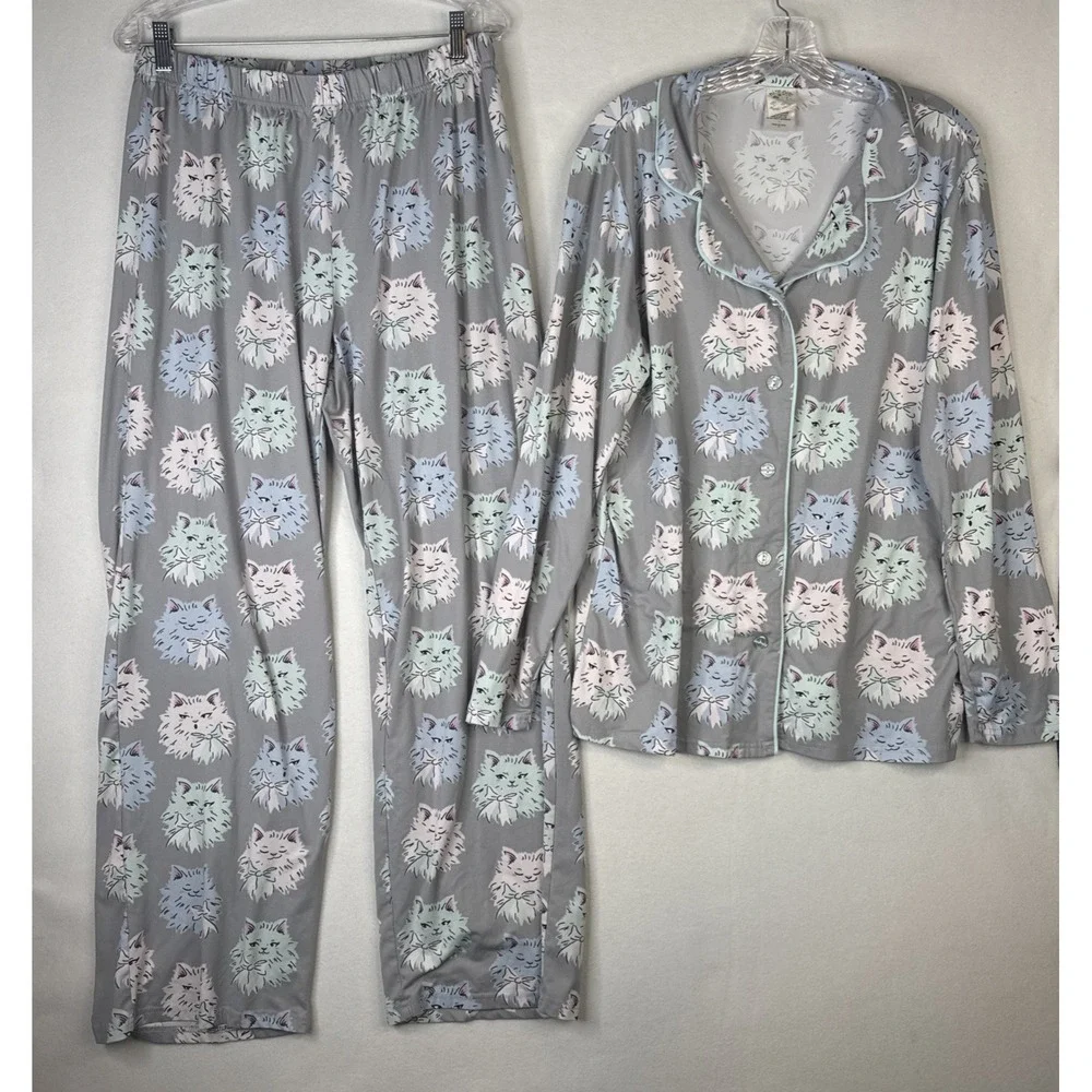 Munki Munki Pajama Set XL Gray Pastel Cat Face Bow Print Button Up Super Soft - Picture 1 of 11